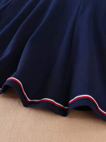 Tween Girl Letter Embroidery Striped Trim Polo Neck Dress - Navy Blue - View 4