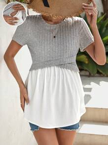 SHEIN Maternity Two Tone Wrap Cross 2 In 1 Nursing Tee - Multicolor - View 4