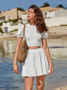 SHEIN Frenchy 褶邊泡泡袖打褶短款上衣和半身裙 - 白色 - 查看 2