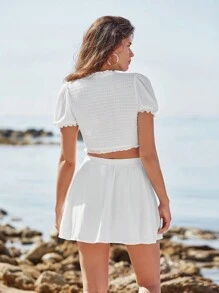 SHEIN Frenchy 褶邊泡泡袖打褶短款上衣和半身裙 - 白色 - 查看 3