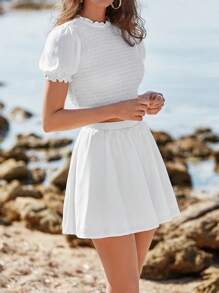 SHEIN Frenchy 褶邊泡泡袖打褶短款上衣和半身裙 - 白色 - 查看 4