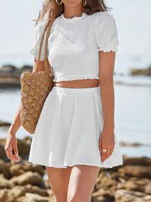 SHEIN Frenchy 褶邊泡泡袖打褶短款上衣和半身裙 - 白色 - 查看 6