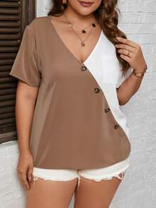 SHEIN LUNE Plus Two Tone Button Front Blouse - Multicolor - View 4
