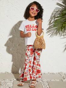 SHEIN 小女童字母圖案T恤&印花喇叭褲 - 彩色 - 查看 4