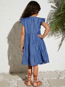 SHEIN Leap Crew Tween Girl 休闲 V 领牛仔效果宽松盖袖连衣裙 - 藍色 - 查看 3