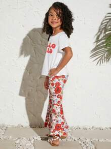 SHEIN 小女童字母圖案T恤&印花喇叭褲 - 彩色 - 查看 5