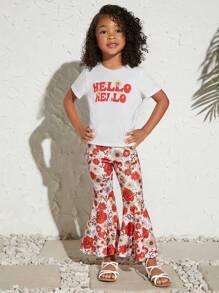 SHEIN 小女童字母圖案T恤&印花喇叭褲 - 彩色 - 查看 6