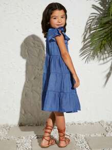 SHEIN Leap Crew Tween Girl 休闲 V 领牛仔效果宽松盖袖连衣裙 - 藍色 - 查看 6