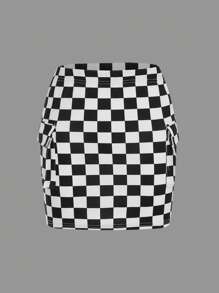 SHEIN Váy Gái Túi Sọc ca rô Giải trí - Đen và trắng - Xem 1