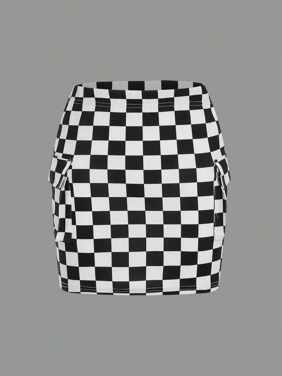 SHEIN Váy Gái Túi Sọc ca rô Giải trí - Đen và trắng - Xem 1