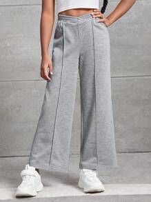 SHEIN Leap Crew Tween Girl Solid Wide Leg Joggers - Light Grey - View 1