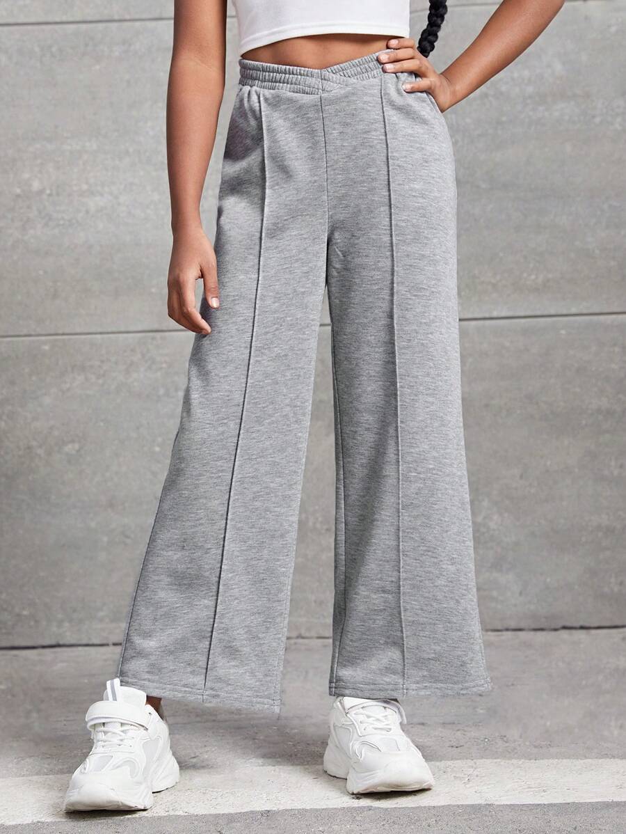 SHEIN Leap Crew Tween Girl Solid Wide Leg Joggers - Light Grey - View 1