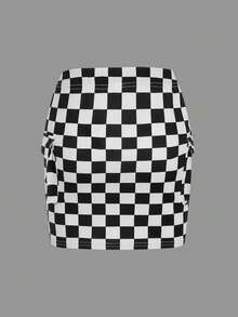 SHEIN Váy Gái Túi Sọc ca rô Giải trí - Đen và trắng - Xem 2