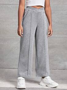 SHEIN Leap Crew Tween Girl Solid Wide Leg Joggers - Light Grey - View 3