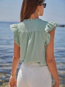 SHEIN Frenchy Áo sơ mi nữ viền lá sen Xù phân lớp Thắt nơ trước màu trơn Giải trí - Màu xanh Bạc hà - Xem 2