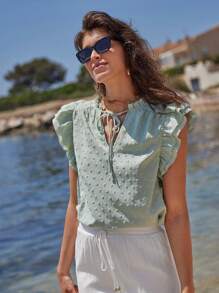 SHEIN Frenchy Áo sơ mi nữ viền lá sen Xù phân lớp Thắt nơ trước màu trơn Giải trí - Màu xanh Bạc hà - Xem 3