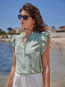 SHEIN Frenchy Áo sơ mi nữ viền lá sen Xù phân lớp Thắt nơ trước màu trơn Giải trí - Màu xanh Bạc hà - Xem 5