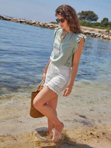 SHEIN Frenchy Áo sơ mi nữ viền lá sen Xù phân lớp Thắt nơ trước màu trơn Giải trí - Màu xanh Bạc hà - Xem 6