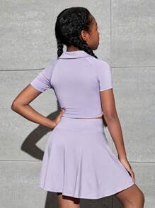 SHEIN 女孩素色短款運動T恤和喇叭半身裙 - 紫丁香色 - 查看 4