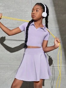 SHEIN 女孩素色短款運動T恤和喇叭半身裙 - 紫丁香色 - 查看 1