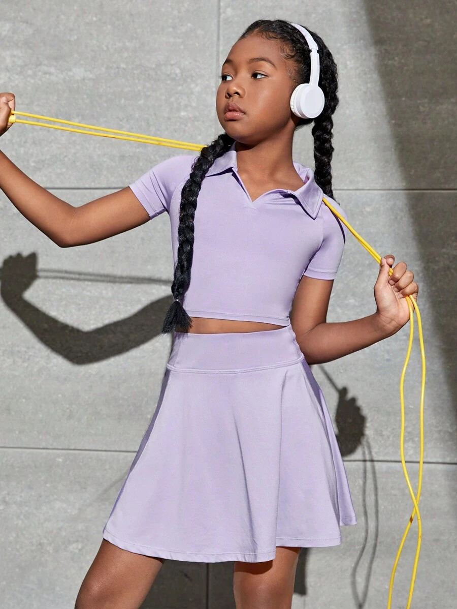 SHEIN 女孩素色短款運動T恤和喇叭半身裙 - 紫丁香色 - 查看 1
