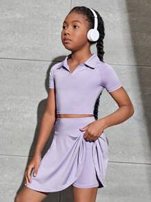 SHEIN 女孩素色短款運動T恤和喇叭半身裙 - 紫丁香色 - 查看 5