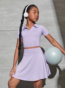 SHEIN 女孩素色短款運動T恤和喇叭半身裙 - 紫丁香色 - 查看 6