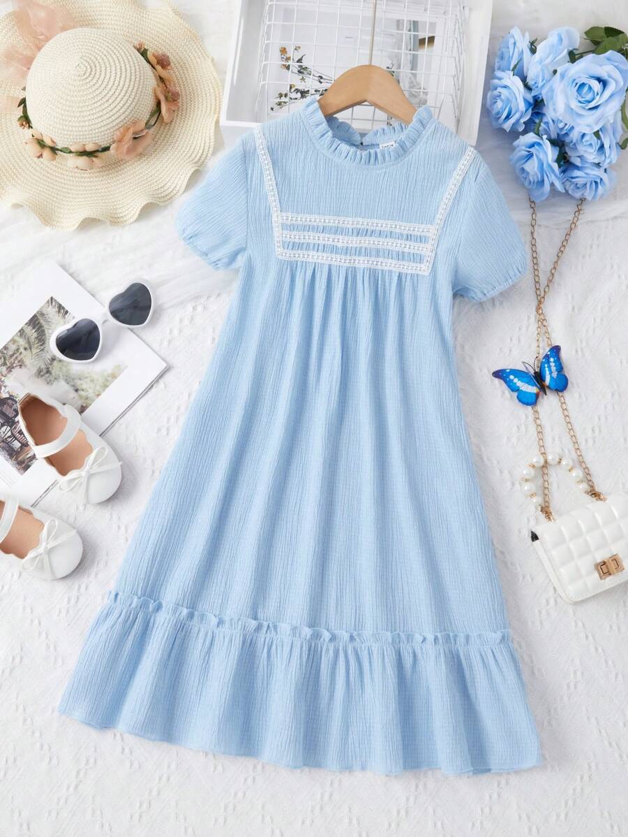 SHEIN Girls Striped Print Ruffle Hem Dress - Baby Blue - View 1