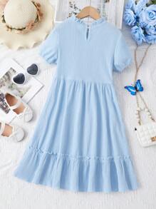 SHEIN Girls Striped Print Ruffle Hem Dress - Baby Blue - View 2