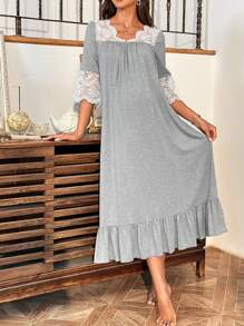 SHEIN 孕婦蕾絲拼接荷葉邊洋裝 - 淺灰色 - 查看 1