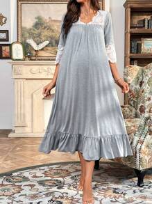 SHEIN 孕婦蕾絲拼接荷葉邊洋裝 - 淺灰色 - 查看 3