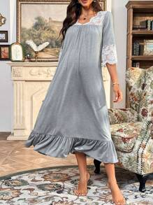 SHEIN 孕婦蕾絲拼接荷葉邊洋裝 - 淺灰色 - 查看 5