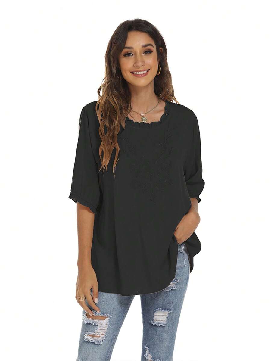 Solid Batwing Sleeve Blouse - Black - View 1