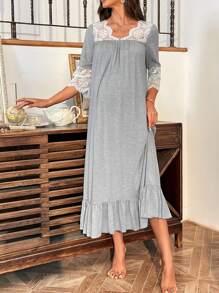 SHEIN 孕婦蕾絲拼接荷葉邊洋裝 - 淺灰色 - 查看 8