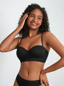 Sostén negro sólido extremadamente elástico sin costuras y de piel amigable con cojines no removibles para mayor comodidad - Negro - Ver 4