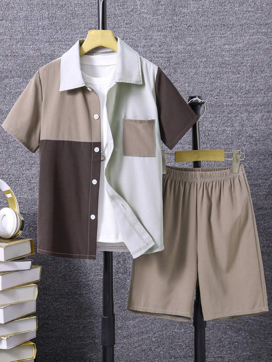 SHEIN cậu bé mười hai Khối màu Đã vá Túi Áo sơ mi & Quần short Without Tee - Nhiều màu - Xem 1