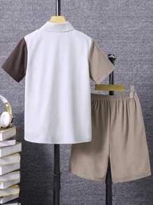 SHEIN cậu bé mười hai Khối màu Đã vá Túi Áo sơ mi & Quần short Without Tee - Nhiều màu - Xem 2