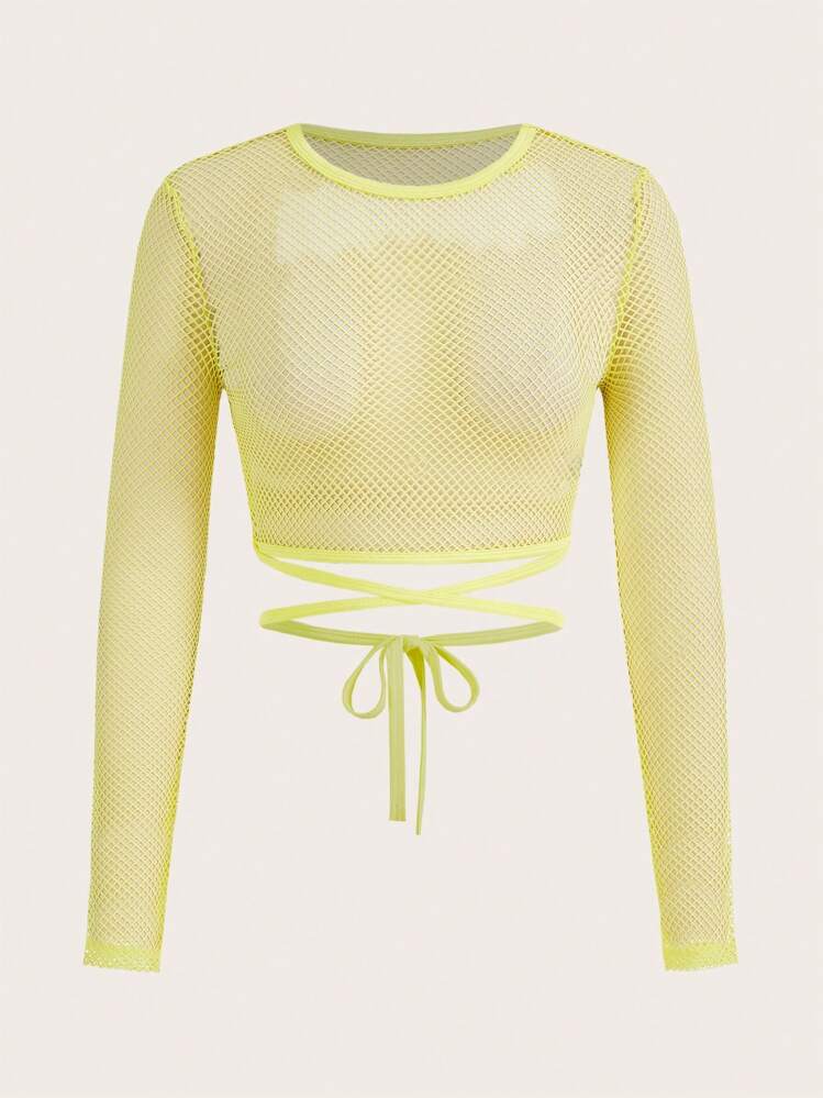 SHEIN ICON Top monocolore incrociato con nodo dietro corto mesh - Giallo - Visualizzare 1