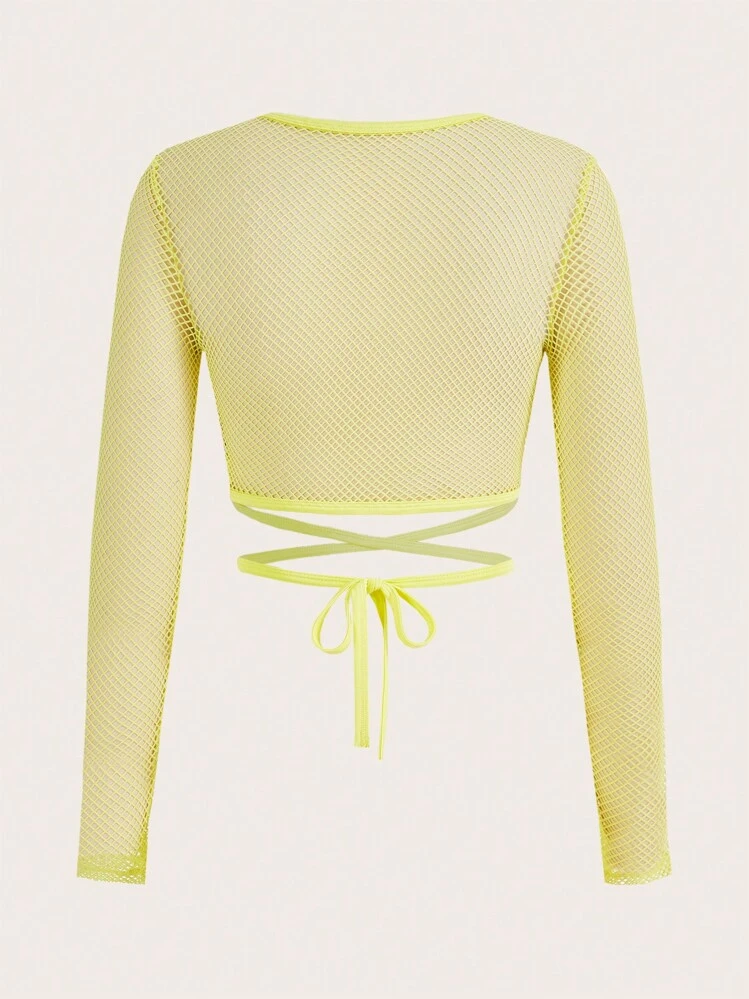 SHEIN ICON Top monocolore incrociato con nodo dietro corto mesh - Giallo - Visualizzare 2