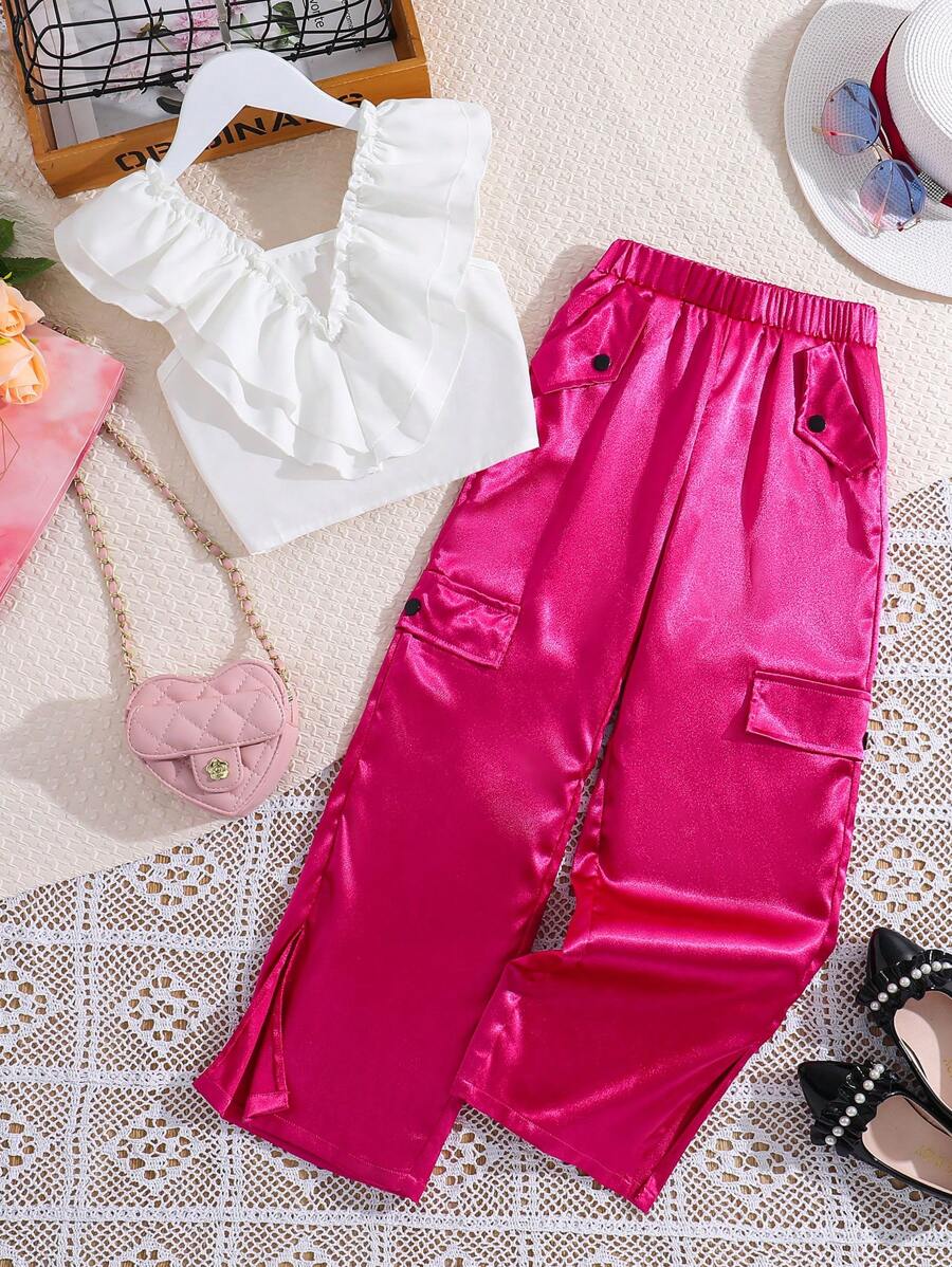 Chica preadolescente Top ribete con fruncido & Pantalones con diseño de solapa bajo con abertura - Multicolor - Ver 1