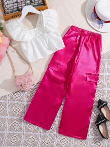 Chica preadolescente Top ribete con fruncido & Pantalones con diseño de solapa bajo con abertura - Multicolor - Ver 2