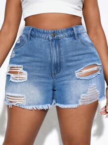 SHEIN SXY 大碼破洞毛邊牛仔短褲 - 淺色水洗藍 - 查看 1