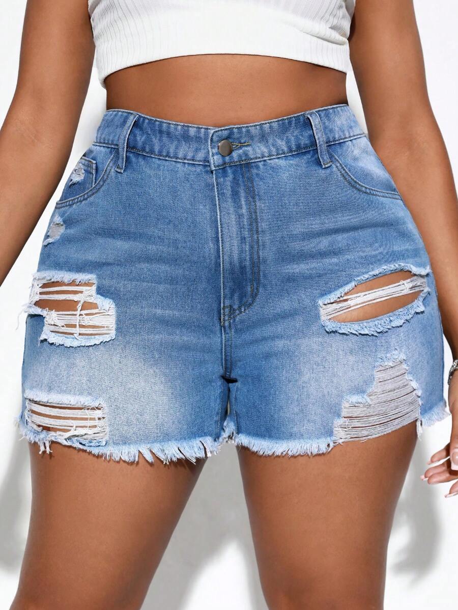 SHEIN SXY 大碼破洞毛邊牛仔短褲 - 淺色水洗藍 - 查看 1
