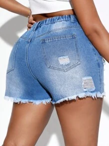 SHEIN SXY 大碼破洞毛邊牛仔短褲 - 淺色水洗藍 - 查看 2