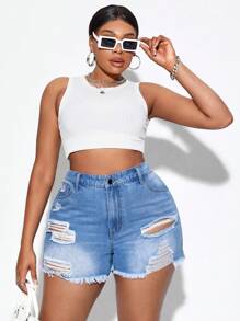 SHEIN SXY 大碼破洞毛邊牛仔短褲 - 淺色水洗藍 - 查看 5