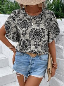SHEIN LUNE Allover Print Petal Sleeve Blouse - Multicolor - View 5