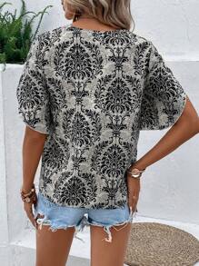 SHEIN LUNE Allover Print Petal Sleeve Blouse - Multicolor - View 2