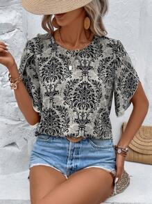 SHEIN LUNE Allover Print Petal Sleeve Blouse - Multicolor - View 3