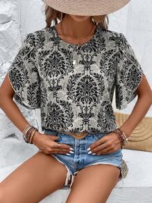 SHEIN LUNE Allover Print Petal Sleeve Blouse - Multicolor - View 4