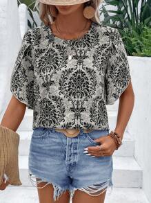 SHEIN LUNE Allover Print Petal Sleeve Blouse - Multicolor - View 1
